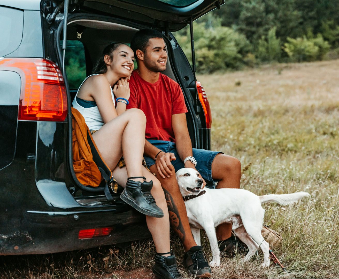 couple with dog sitting on car boot outside